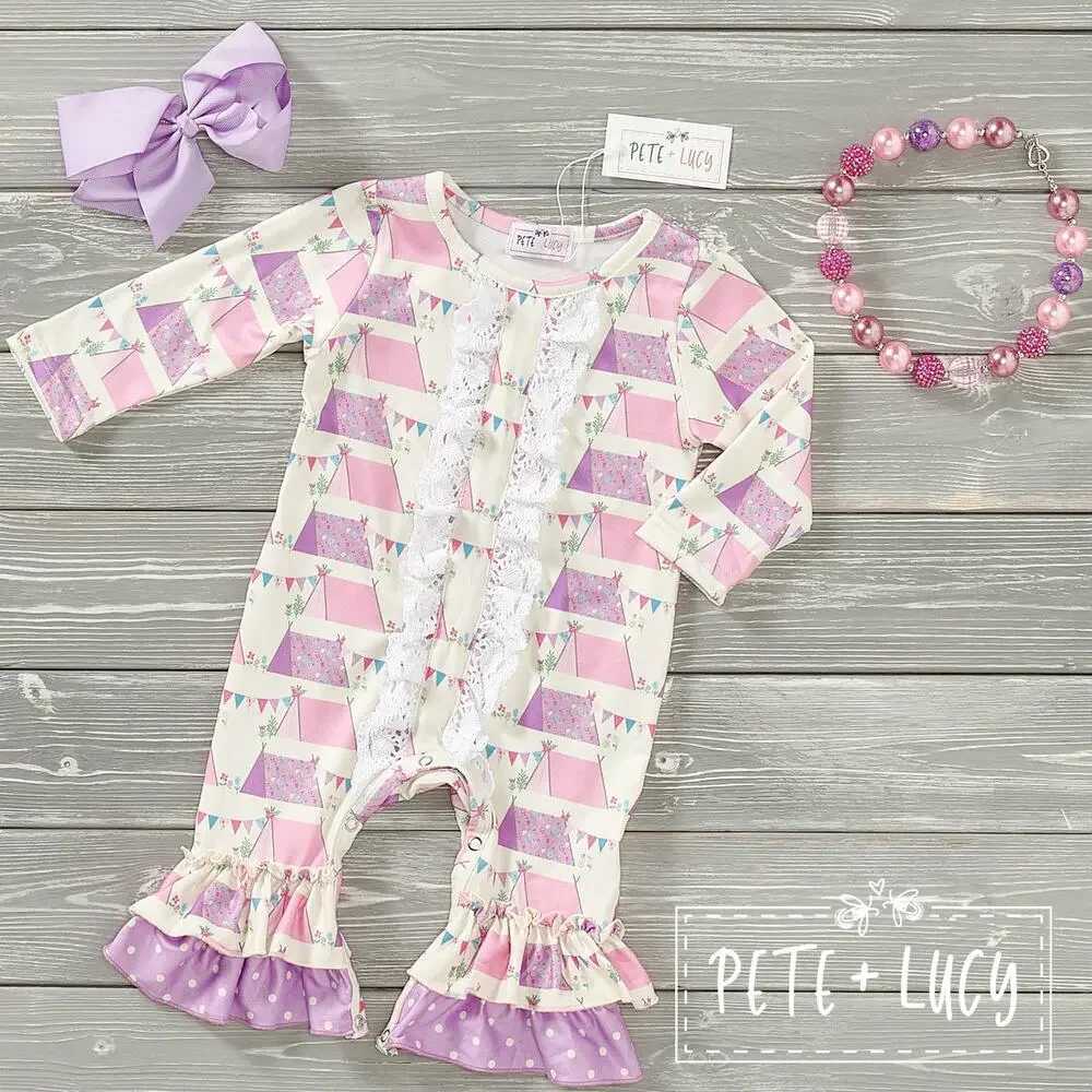 PETE + LUCY Fancy Camping Ruffle Long Sleeve Romper Baby Toddler 12-18 months